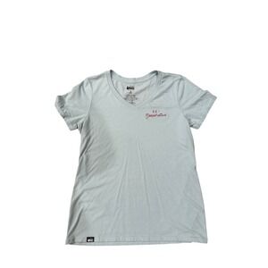 REI Co-op Womens Blue Travel to the Unknown Parts V-Neck Graphic T-Shirt Large